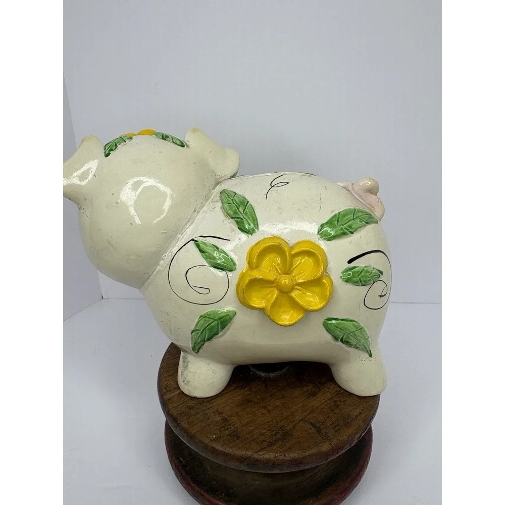 Vtg Plastic Piggy Bank Flowers Stopper White Yellow Whimsical Textured